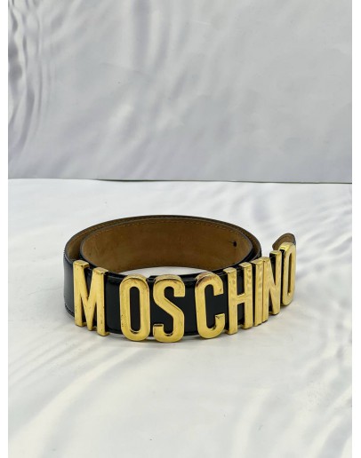 MOSCHINO BLACK LEATHER GOLD LOGO BELT 