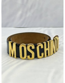 MOSCHINO BLACK LEATHER GOLD LOGO BELT 
