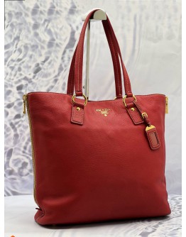 PRADA VITELLO DAINO SIDE ZIP SHOPPER TOTE BAG IN RED
