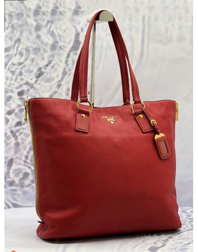 PRADA VITELLO DAINO SIDE ZIP SHOPPER TOTE BAG IN RED