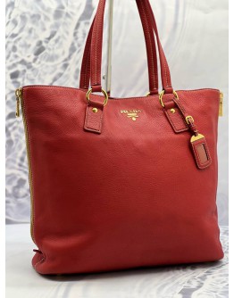 PRADA VITELLO DAINO SIDE ZIP SHOPPER TOTE BAG IN RED