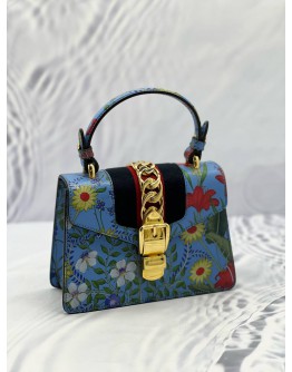 GUCCI BLUE FLORAL PRINT LEATHER MINI WEB SYLVIE BAG 