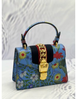 GUCCI BLUE FLORAL PRINT LEATHER MINI WEB SYLVIE BAG 