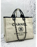 CHANEL DEAUVILLE TOTE SHOULDER BAG IN IVORY CANVAS WITH BLACK CALFSKIN LEATHER