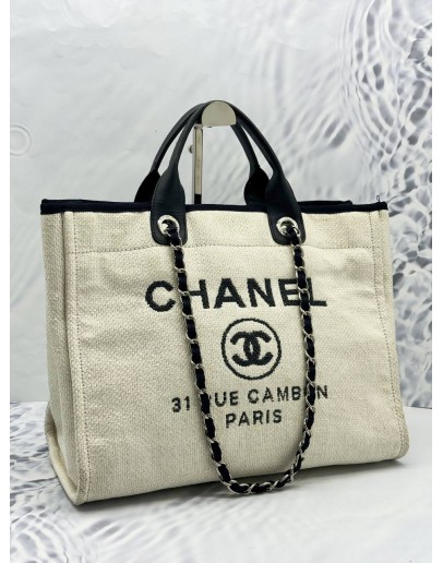 CHANEL DEAUVILLE TOTE SHOULDER BAG IN IVORY CANVAS WITH BLACK CALFSKIN LEATHER