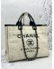 CHANEL DEAUVILLE TOTE SHOULDER BAG IN IVORY CANVAS WITH BLACK CALFSKIN LEATHER