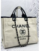 CHANEL DEAUVILLE TOTE SHOULDER BAG IN IVORY CANVAS WITH BLACK CALFSKIN LEATHER