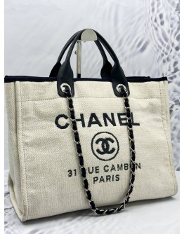 CHANEL DEAUVILLE TOTE SHOULDER BAG IN IVORY CANVAS WITH BLACK CALFSKIN LEATHER CHANEL DEAUVILLE TOTE SHOULDER BAG IN IVORY CANVAS WITH BLACK CALFSKIN LEATHER