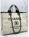 CHANEL DEAUVILLE TOTE SHOULDER BAG IN IVORY CANVAS WITH BLACK CALFSKIN LEATHER