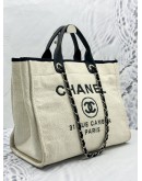 CHANEL DEAUVILLE TOTE SHOULDER BAG IN IVORY CANVAS WITH BLACK CALFSKIN LEATHER