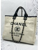 CHANEL DEAUVILLE TOTE SHOULDER BAG IN IVORY CANVAS WITH BLACK CALFSKIN LEATHER