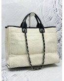 CHANEL DEAUVILLE TOTE SHOULDER BAG IN IVORY CANVAS WITH BLACK CALFSKIN LEATHER