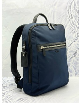 TUMI RIVER SLIM BACKPACK IN NAVY BLUE NYLON WITH BLACK CALFSKIN LEATHER
