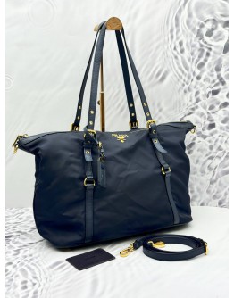 PRADA TOTE SHOULDER BAG IN NAVY BLUE NYLON WITH CALFSKIN LEATHER