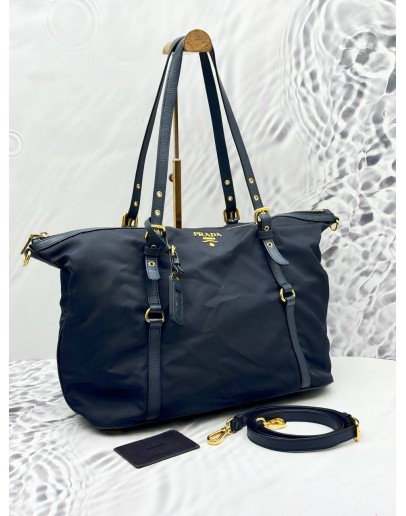 PRADA TOTE SHOULDER BAG IN NAVY BLUE NYLON WITH CALFSKIN LEATHER