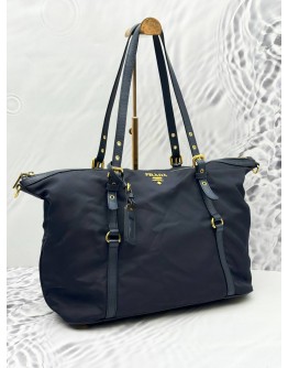 PRADA TOTE SHOULDER BAG IN NAVY BLUE NYLON WITH CALFSKIN LEATHER