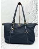 PRADA TOTE SHOULDER BAG IN NAVY BLUE NYLON WITH CALFSKIN LEATHER