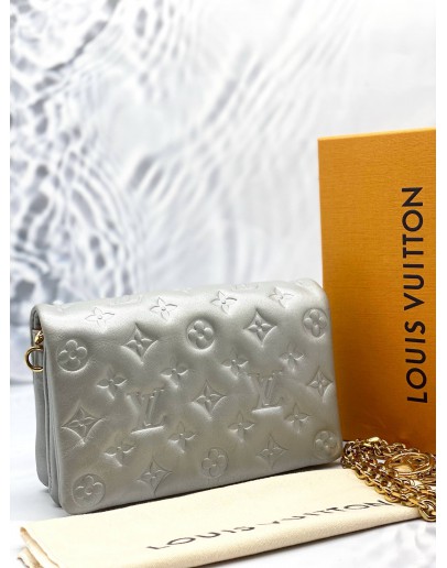 (LIKE NEW) MICROCHIP LOUIS VUITTON POCHETTE COUSSIN IN SOFT LIGHT GREY MONOGRAM EMBOSSED LAMBSKIN LEATHER WITH REMOVABLE CHAIN -FULL SET-  