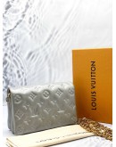(LIKE NEW) MICROCHIP LOUIS VUITTON POCHETTE COUSSIN IN SOFT LIGHT GREY MONOGRAM EMBOSSED LAMBSKIN LEATHER WITH REMOVABLE CHAIN -FULL SET-  