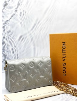 (LIKE NEW) MICROCHIP LOUIS VUITTON POCHETTE COUSSIN IN SOFT LIGHT GREY MONOGRAM EMBOSSED LAMBSKIN LEATHER WITH REMOVABLE CHAIN -FULL SET-  