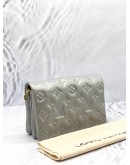 (LIKE NEW) MICROCHIP LOUIS VUITTON POCHETTE COUSSIN IN SOFT LIGHT GREY MONOGRAM EMBOSSED LAMBSKIN LEATHER WITH REMOVABLE CHAIN -FULL SET-  