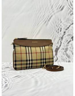 (LIKE NEW) BURBERRY PEYTON CROSSBODY BAG IN BEIGE HAYMARKET CHECK CANVAS WITH BROWN CALFSKIN LEATHER