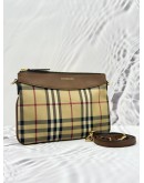 (LIKE NEW) BURBERRY PEYTON CROSSBODY BAG IN BEIGE HAYMARKET CHECK CANVAS WITH BROWN CALFSKIN LEATHER