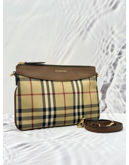 (LIKE NEW) BURBERRY PEYTON CROSSBODY BAG IN BEIGE HAYMARKET CHECK CANVAS WITH BROWN CALFSKIN LEATHER