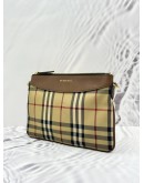 (LIKE NEW) BURBERRY PEYTON CROSSBODY BAG IN BEIGE HAYMARKET CHECK CANVAS WITH BROWN CALFSKIN LEATHER