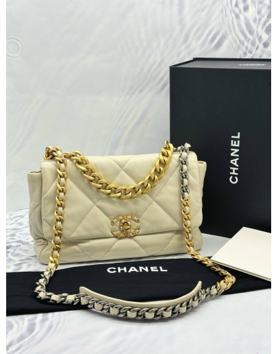 (UNUSED) CHANEL 19 FLAP SHOULDER BAG IN IVORY LAMBSKIN LEATHER -FULL SET-