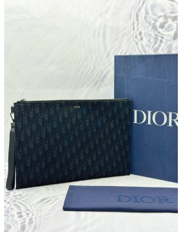 (LIKE NEW) CHRISTIAN DIOR A4 POUCH IN BLACK DIOR OBLIQUE JACQUARD WITH CALFSKIN LEATHER -FULL SET-