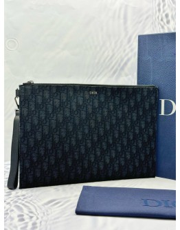 (LIKE NEW) CHRISTIAN DIOR A4 POUCH IN BLACK DIOR OBLIQUE JACQUARD WITH CALFSKIN LEATHER -FULL SET-