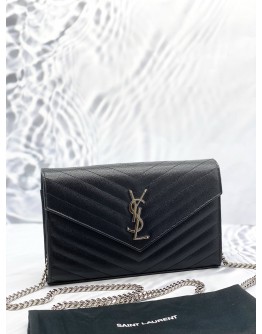 (LIKE NEW)YSL SAINT LAURENT CASSANDRA LEATHER CHAIN WALLET IN BLACK GHW