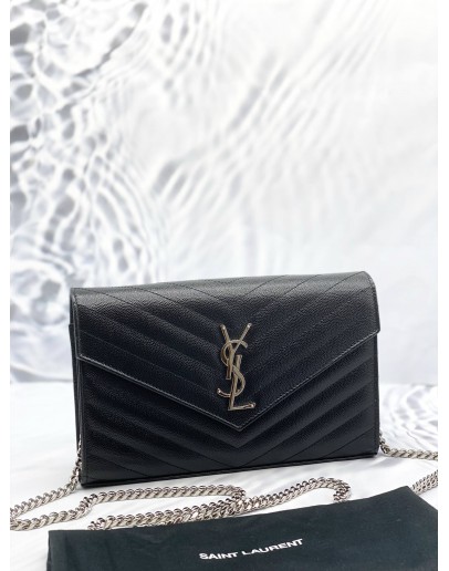 (LIKE NEW)YSL SAINT LAURENT CASSANDRA LEATHER CHAIN WALLET IN BLACK GHW