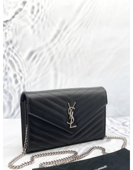 (LIKE NEW)YSL SAINT LAURENT CASSANDRA LEATHER CHAIN WALLET IN BLACK GHW