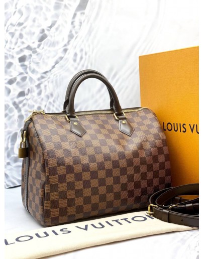 (LIKE NEW) LOUIS VUITTON SPEEDY 30 DAMIER EBENE CANVAS HANDLE BAG WITH STRAP 