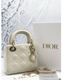 (LIKE NEW) CHRISTIAN DIOR SMALL LADY DIOR MY ABCDIOR BAG IN WHITE CANNAGE LAMBSKIN LEATHER WITH STRAP -FULL SET-