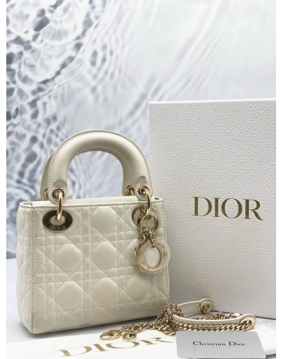 (LIKE NEW) CHRISTIAN DIOR SMALL LADY DIOR MY ABCDIOR BAG IN WHITE CANNAGE LAMBSKIN LEATHER WITH STRAP -FULL SET-