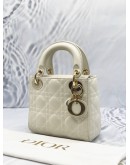 (LIKE NEW) CHRISTIAN DIOR SMALL LADY DIOR MY ABCDIOR BAG IN WHITE CANNAGE LAMBSKIN LEATHER WITH STRAP -FULL SET-