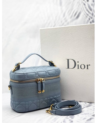 (LIKE NEW) CHRISTIAN DIOR SMALL DIOR TRAVEL VANITY CASE WITH SHOULDER STRAP IN CLOUD BLUE CANNAGE LAMBSKIN LEATHER