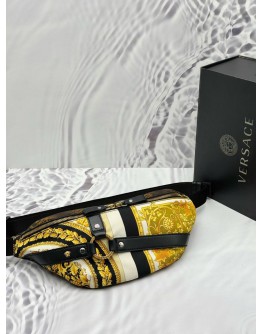 (LIKE NEW) VERSACE BAROCCO PRINT BELT BAG IN MULTICOLOR CANVAS WITH BLACK CALFSKIN LEATHER 