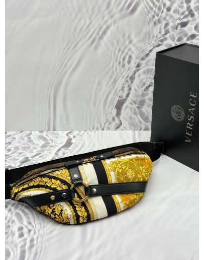 (LIKE NEW) VERSACE BAROCCO PRINT BELT BAG IN MULTICOLOR CANVAS WITH BLACK CALFSKIN LEATHER 