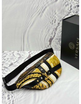 (LIKE NEW) VERSACE BAROCCO PRINT BELT BAG IN MULTICOLOR CANVAS WITH BLACK CALFSKIN LEATHER 