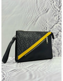 (LIKE NEW) FENDI DIAGONAL CLUTCH IN GREY CANVAS AND BLACK CALFSKIN LEATHER WITH YELLOW DETAIL