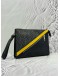 (LIKE NEW) FENDI DIAGONAL CLUTCH IN GREY CANVAS AND BLACK CALFSKIN LEATHER WITH YELLOW DETAIL