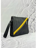 (LIKE NEW) FENDI DIAGONAL CLUTCH IN GREY CANVAS AND BLACK CALFSKIN LEATHER WITH YELLOW DETAIL