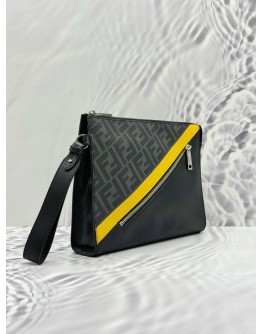 (LIKE NEW) FENDI DIAGONAL CLUTCH IN GREY CANVAS AND BLACK CALFSKIN LEATHER WITH YELLOW DETAIL