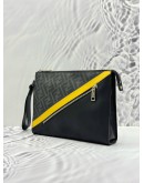 (LIKE NEW) FENDI DIAGONAL CLUTCH IN GREY CANVAS AND BLACK CALFSKIN LEATHER WITH YELLOW DETAIL