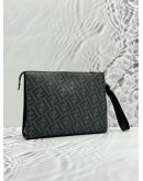(LIKE NEW) FENDI DIAGONAL CLUTCH IN GREY CANVAS AND BLACK CALFSKIN LEATHER WITH YELLOW DETAIL
