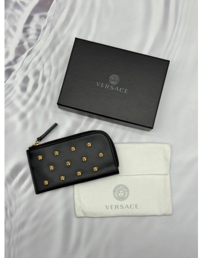 (UNUSED) VERSACE MEDUSA STUDDED CARD CASE IN BLACK CALFSKIN LEATHER -FULL SET-